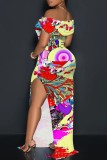 Baby Blue Floral Print Off Shoulder Long Flutter Sleeve Mermaid Hem Side Slit Vacation Boho Style Maxi Dresses