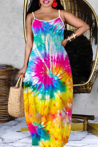 Orange Yellow Casual Graphics Print Sleeveless Backless Spaghetti Strap Floor Length Vacation Baggy Sundress Slip Maxi Dress