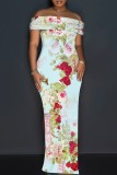 Baby Blue Floral Print Off Shoulder Long Flutter Sleeve Mermaid Hem Side Slit Vacation Boho Style Maxi Dresses