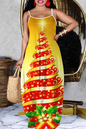 Gold Casual Christmas Tree Print Sleeveless Backless Spaghetti Strap Floor Length Vacation Baggy Sundress Slip Maxi Dress