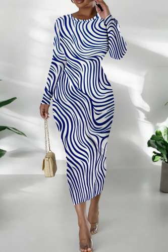 White Blue Daily Graphics Print O Neck Long Sleeve Wrapped Skirt Bodycon Midi Dresses