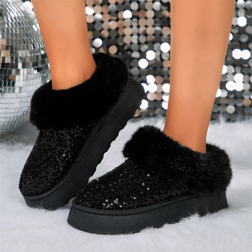 Black Sparkly Snow Warm Fleece-Lined Short Boots