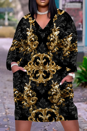 Black Graphics Print V Neck Long Sleeve Pockets Casual Straight Loose Midi Dress