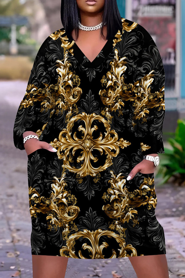 Black Graphics Print V Neck Long Sleeve Pockets Casual Straight Loose Midi Dress