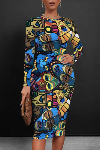 Blue Casual Boho National Totem Print O Neck Long Sleeve Bodycon Midi Dresses