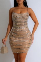 Apricot Hot Drilling Sleeveless Backless Spaghetti Strap Wrapped Skirt Formal Evening Party Bodycon Mini Dresses