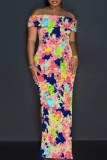 Baby Blue Floral Print Off Shoulder Long Flutter Sleeve Mermaid Hem Side Slit Vacation Boho Style Maxi Dresses