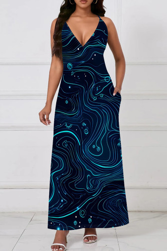 Fluorescent Blue Casual Graphics Print Sleeveless V Neck Pocket Long Maxi Slip Dresses