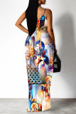 Beige Geometric Print Backless V Neck Spaghetti Strap Floor Length Vacation Baggy Sundress Slip Maxi Dress