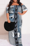Multicolor Casual Faux Denim Print Off Shoulder Flutter Sleeve Long Loose Vacation Plus Size Maxi Dresses