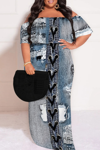 Medium Blue Casual Faux Denim Print Off Shoulder Flutter Sleeve Long Loose Vacation Plus Size Maxi Dresses