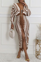 Coffee Casual Boho Graphcis Print Deep V Neck Long Sleeve Vacation Slit Ruched Maxi Dresses