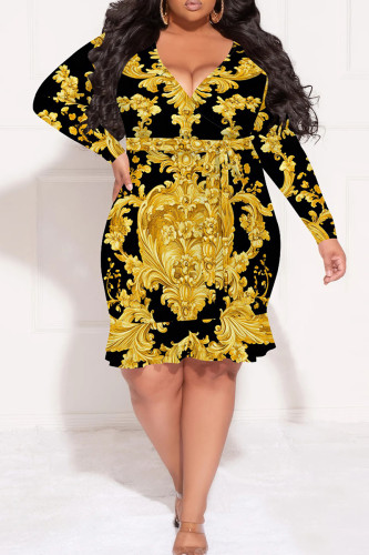 Black Gold Graphic Print V Neck Long Sleeve With Belt Knee Length Casual Outing Plus Size Ruffled Hem Wrap Midi Dress