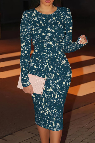 Dark Blue Casual Graphics Print O Neck Long Sleeve Wrapped Skirt Bodycon Midi Dresses