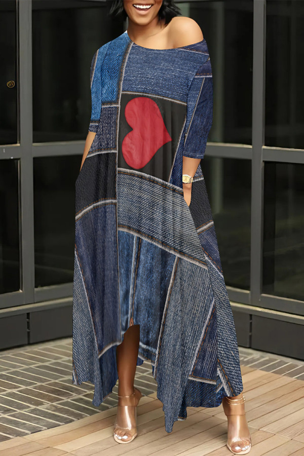 Colorful Blue Casual Faux Denim Print O Neck 3/4 Sleeve Irregular Hem Pocket Straight Loose Maxi Dress