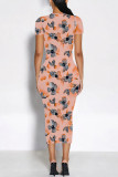 Multicolor Geometric Flowers Gradient Print O Neck Short Sleeve Bodycon Midi T-shirt Dress