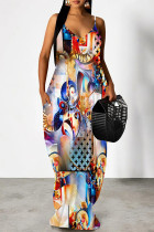 Multi-color Geometric Print Backless V Neck Spaghetti Strap Floor Length Vacation Baggy Sundress Slip Maxi Dress