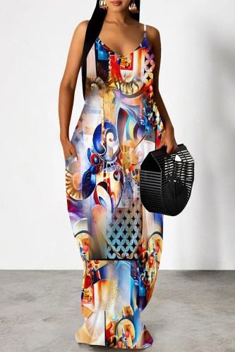 Multi-color Geometric Print Backless V Neck Spaghetti Strap Floor Length Vacation Baggy Sundress Slip Maxi Dress
