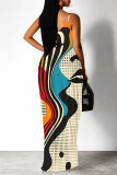 Beige Geometric Print Backless V Neck Spaghetti Strap Floor Length Vacation Baggy Sundress Slip Maxi Dress