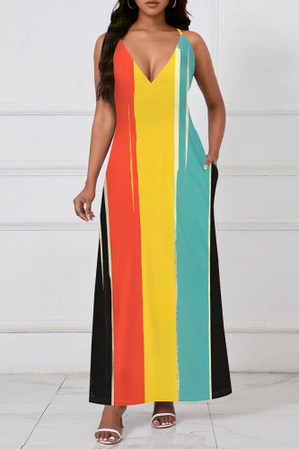 Red Yellow Casual Graphics Print Sleeveless V Neck Pocket Long Maxi Slip Dresses
