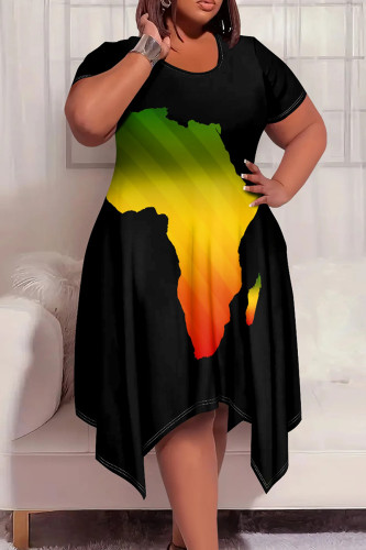 Black Casual Boho Graphics Print Pocket O Neck Short Sleeve Irregular Hem Plus Size Midi T-shirt Dresses
