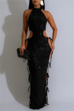 Black Sequins Backless Sleeveles Lace Up Hollow Out Belted Long Formal Evening Party Halter Bodycon Maxi Dress