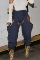 Dark Blue Casual Hollowed Out High Waist Skinny Denim Jeans