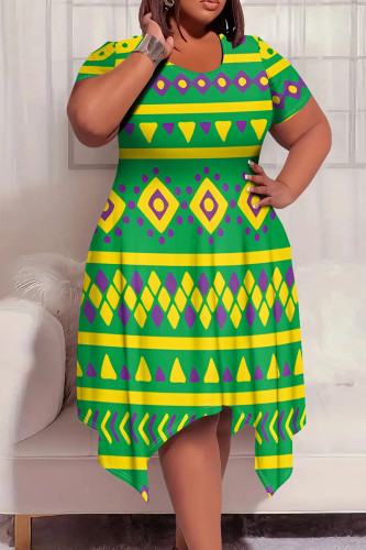 Green Yellow Casual Boho Graphics Print Pocket O Neck Short Sleeve Irregular Hem Plus Size Midi T-shirt Dresses