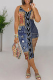Medium Blue Faux Denim Print Sleeveless V Neck Bodycon Midi Slip Dresses