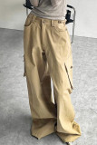 Khaki Casual Pocket Buttons Zipper Loose Low Waist Wide Leg Cargo Denim Pants