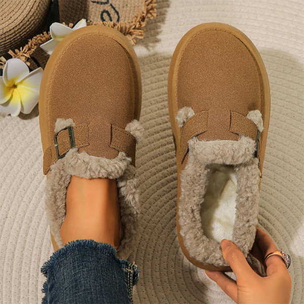 Dark Brown Daily Closed Fringed Fleece-Lined Thick-Soled Snow Boots House Slippers