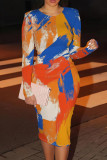 Tibetan Blue Casual Graphics Print O Neck Long Sleeve Wrapped Skirt Bodycon Midi Dresses