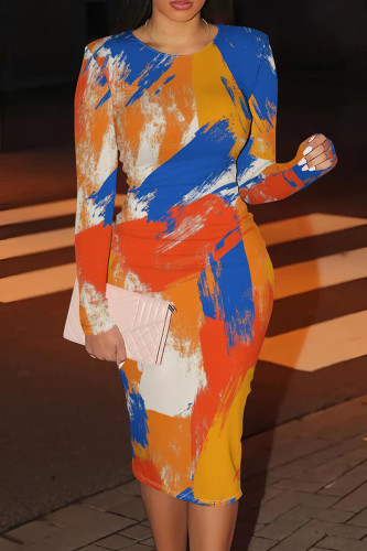 Orange Blue Casual Graphics Print O Neck Long Sleeve Wrapped Skirt Bodycon Midi Dresses