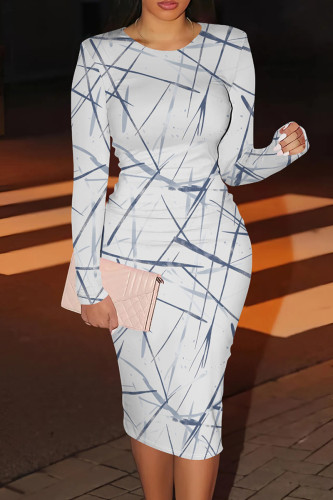 White Casual Graphics Print O Neck Long Sleeve Wrapped Skirt Bodycon Midi Dresses