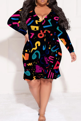 Black Graphic Print V Neck Long Sleeve With Belt Knee Length Casual Outing Plus Size Ruffled Hem Wrap Midi Dress