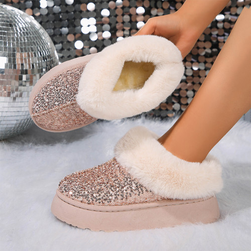 Champagne Sparkly Snow Warm Fleece-Lined Short Boots