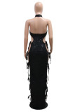 Black Sequins Backless Sleeveles Lace Up Hollow Out Belted Long Formal Evening Party Halter Bodycon Maxi Dress