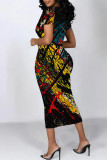 Multicolor Geometric Flowers Gradient Print O Neck Short Sleeve Bodycon Midi T-shirt Dress