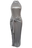 Silver Sleeveless O Neck Hollow Out Ruched Strap Design Front Tie Long Formal Evening Party Bodycon Maxi Dress