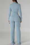 Pink Casual Zipper Collar Long Sleeve Crop Tops And Cargo Pants Two Pieces Trouser Sets