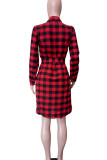 Red Casual Plaid Print Turndown Collar Long Sleeve Buckle Strap Design Long Vacation Mini Shirt Dresses