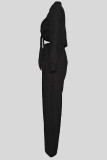 Black Casual Turndown Collar Long Sleeve Pocket Strap Design Front Tie Crop Blouse And Wide Leg Pants Vacation Two Pieces Trouser Sets
