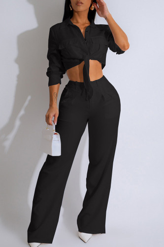 Black Casual Turndown Collar Long Sleeve Pocket Strap Design Front Tie Crop Blouse And Wide Leg Pants Vacation Two Pieces Trouser Sets
