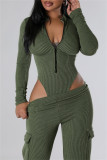 Pink Casual Zipper Collar Long Sleeve Crop Tops And Cargo Pants Two Pieces Trouser Sets