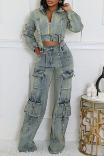 Blue Casual Zipper Collar Long Sleeve Pocket Denim Crop Jackets And Cargo Pants Two Pieces Trouser Sets