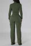 Pink Casual Zipper Collar Long Sleeve Crop Tops And Cargo Pants Two Pieces Trouser Sets