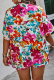 Pink Casual Floral Print Cardigan Collar Shorts Sleeve Pocket Blouse And Shorts Plus Size Vacation Two Pieces Shorts Set