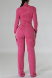 Pink Casual Zipper Collar Long Sleeve Crop Tops And Cargo Pants Two Pieces Trouser Sets