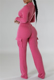 Pink Casual Zipper Collar Long Sleeve Crop Tops And Cargo Pants Two Pieces Trouser Sets