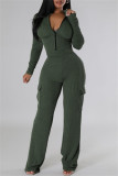 Pink Casual Zipper Collar Long Sleeve Crop Tops And Cargo Pants Two Pieces Trouser Sets
